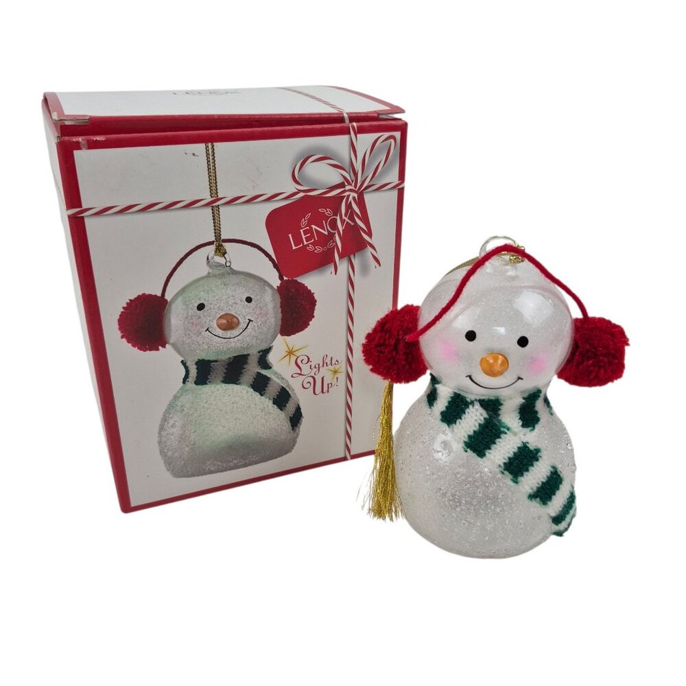 Lenox Lit Ornament Wonder Ball Snowman Red Knit Muffs 890568 Color Changing Box